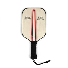 A single wooden pickleball paddle with a black handle and a red and white striped design on the paddle face, with text "Print it your way" on both sides of the stripe.