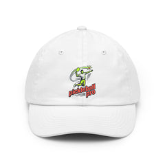 A white dad hat with a colorful embroidered logo of a person playing pickleball and the words "pickleball pro" in green and orange.