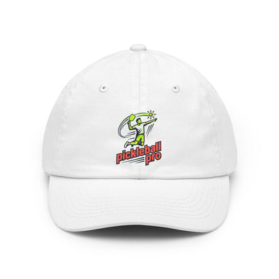 A white dad hat with a colorful embroidered logo of a person playing pickleball and the words "pickleball pro" in green and orange.