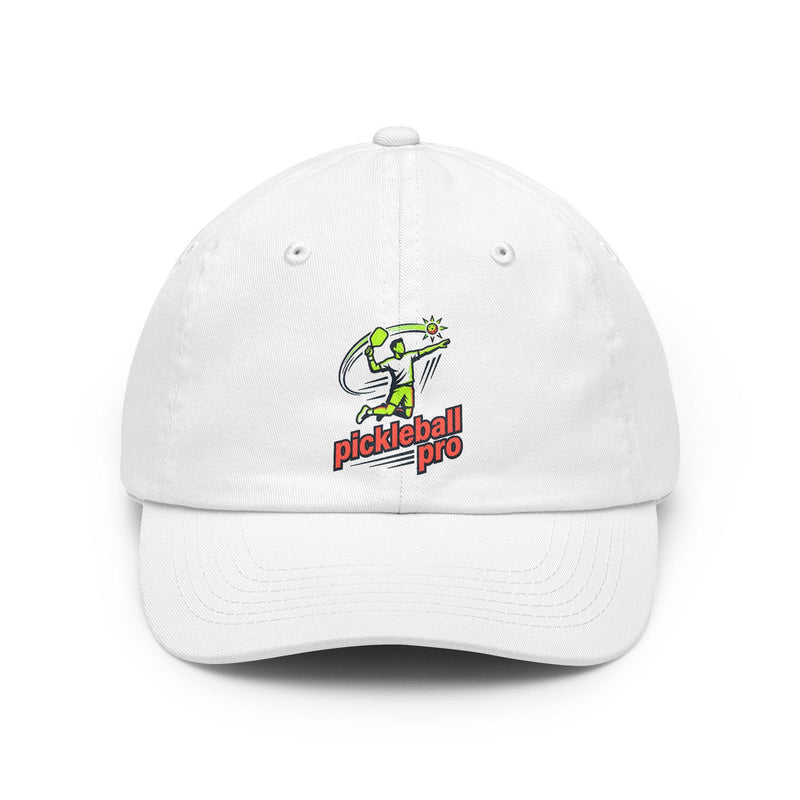 A white dad hat with a colorful embroidered logo of a person playing pickleball and the words "pickleball pro" in green and orange.