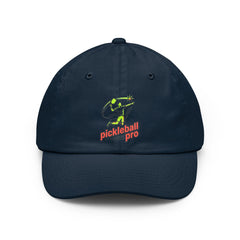 A navy blue dad hat with a colorful embroidered logo of a person playing pickleball and the words "pickleball pro" in green and orange.