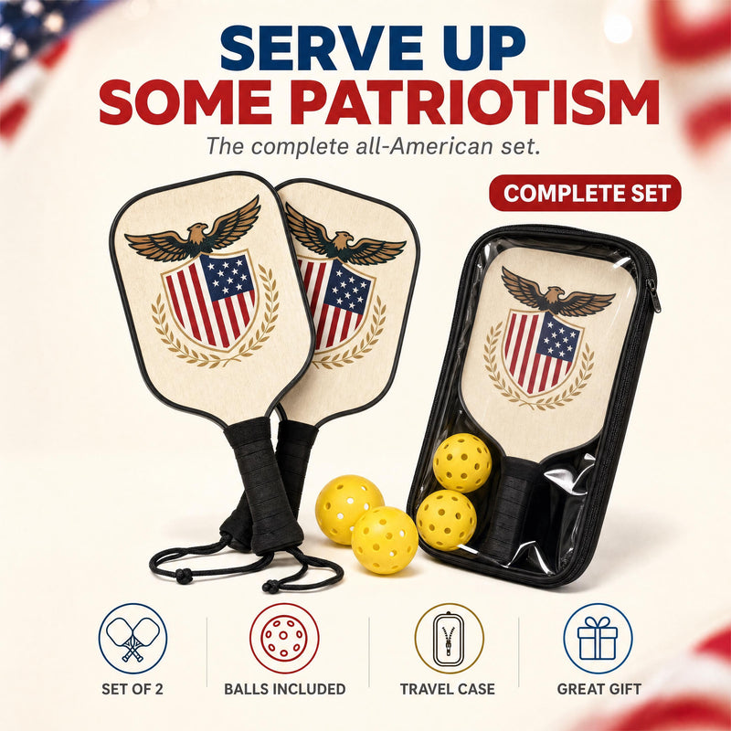 Promotional banner showing two wooden pickleball paddles, four yellow balls, and a black travel case with patriotic eagle shield designs.