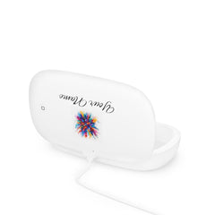 An empty white UV sanitizer box with the lid open, showing three small UV lights inside.