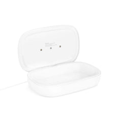 Front profile view of the closed white UV sanitizer box on a white background, showing the custom graphic on top.