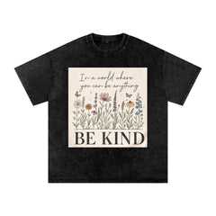 Be Kind Wildflower Shirt, Oversized Snow Wash Cotton Tee, Botanical Graphic Kindness Top