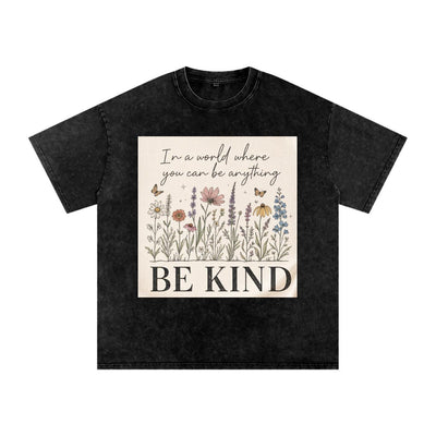 Be Kind Wildflower Shirt, Oversized Snow Wash Cotton Tee, Botanical Graphic Kindness Top