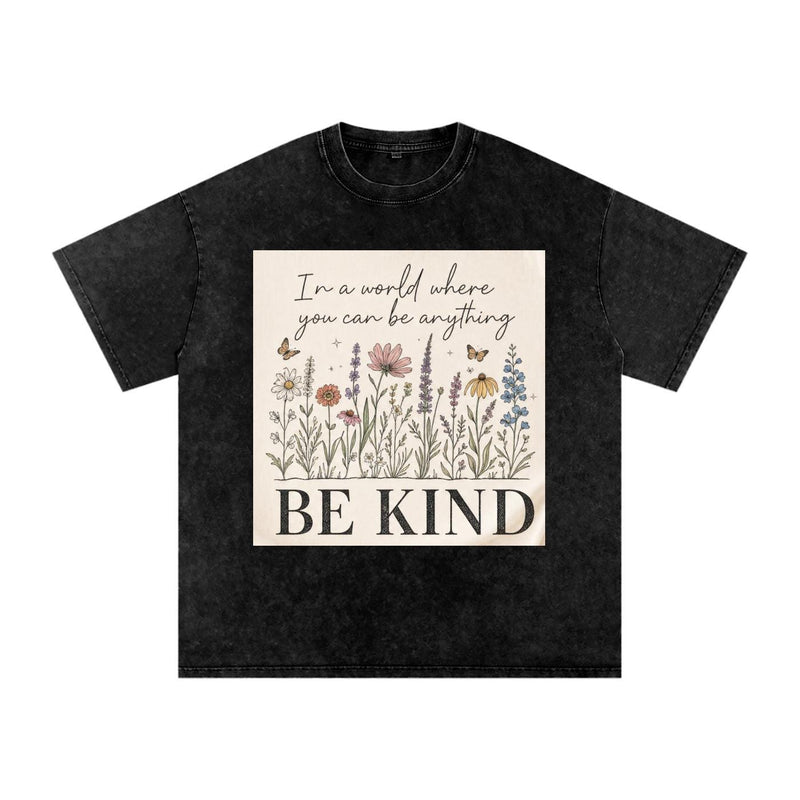 Be Kind Wildflower Shirt, Oversized Snow Wash Cotton Tee, Botanical Graphic Kindness Top