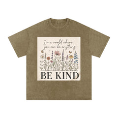 Be Kind Wildflower Shirt, Oversized Snow Wash Cotton Tee, Botanical Graphic Kindness Top