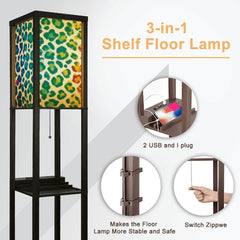 Rainbow Cheetah Floor Lamp with Shelves | Y2K Leopard Print Standing Lamp, USB Ports