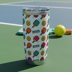 Colorful Pickleball Paddles and Balls Tumbler 20oz Stainless Travel Cup shown in an AI-generated listing photo