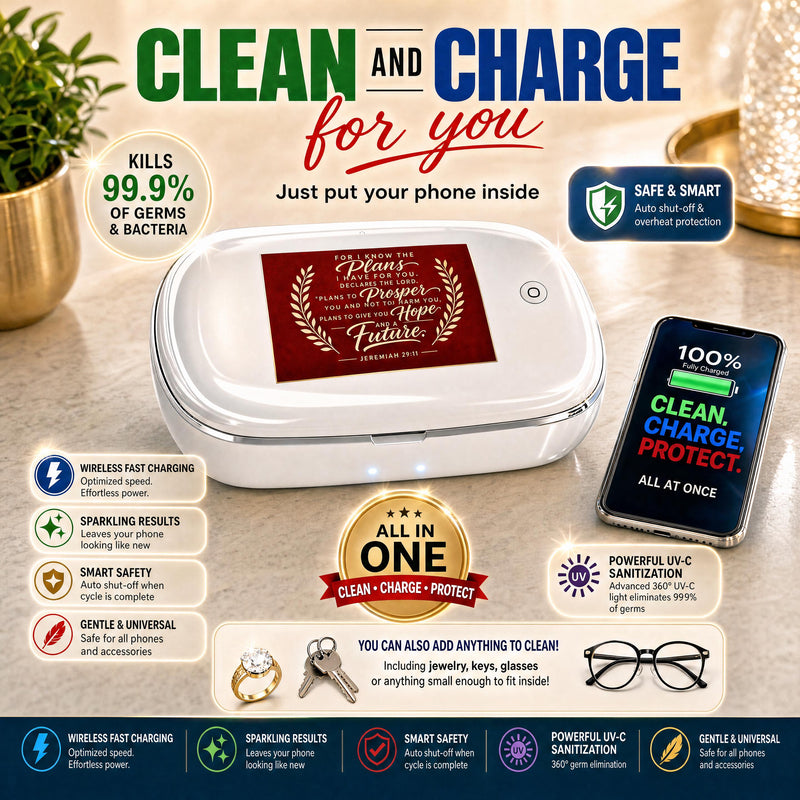 Jeremiah 29:11 Scripture Design UV Phone Sanitizer and Wireless Charging Pad