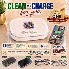 An advertisement for a personalized UV phone sanitizer and wireless charger with text graphics, feature icons, and before-and-after photos of a phone and glasses.