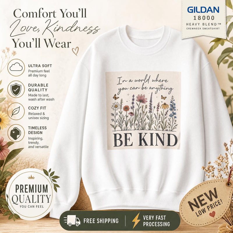 Be Kind Floral Crewneck Sweatshirt, Wildflower Art, Positive Message, Unisex Cozy Top