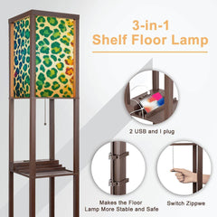Rainbow Cheetah Floor Lamp with Shelves | Y2K Leopard Print Standing Lamp, USB Ports